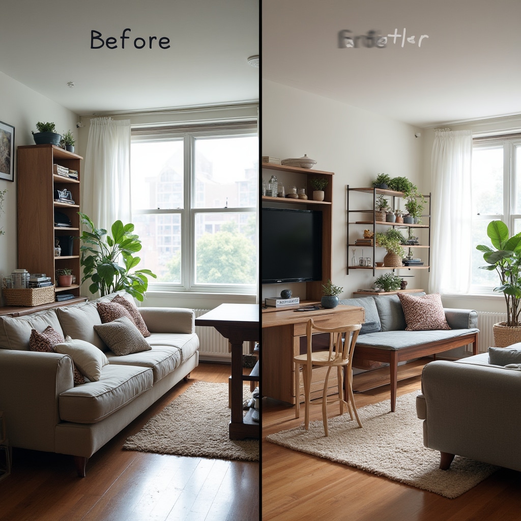 Side-by-side comparison showing apartment layout transformation from cluttered inefficient arrangement to organized functional space with improved flow and storage