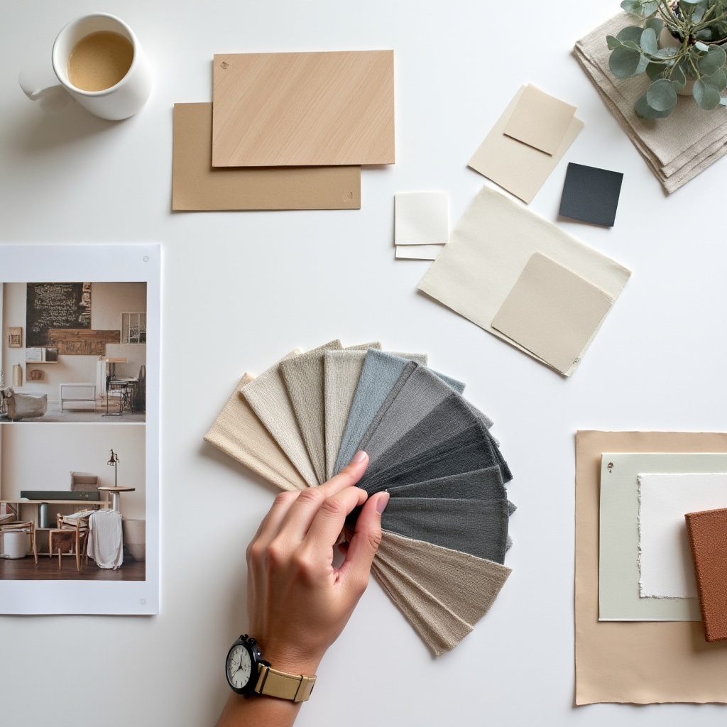 Carefully curated color palette samples and material swatches arranged to demonstrate cohesive design scheme for small apartment interior
