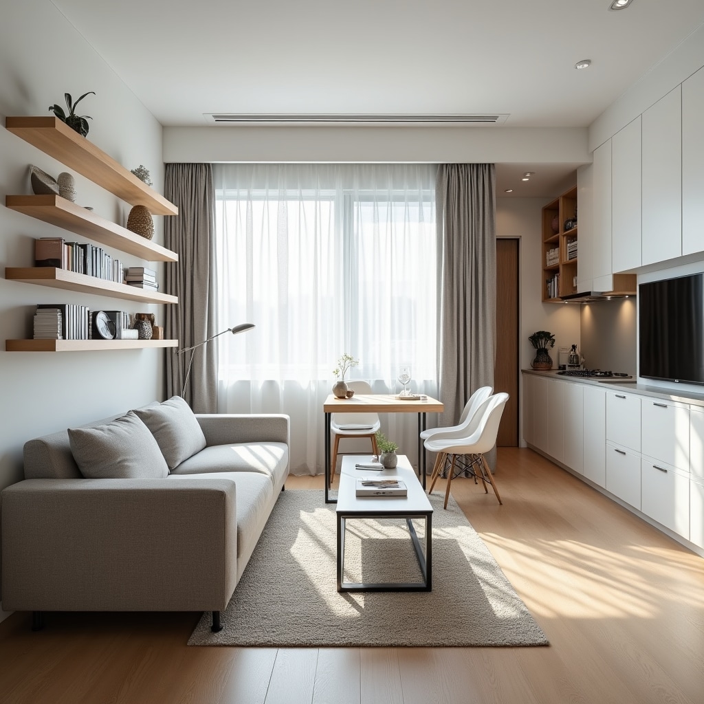 Modern compact apartment interior showcasing efficient use of space with multifunctional furniture and vertical storage solutions