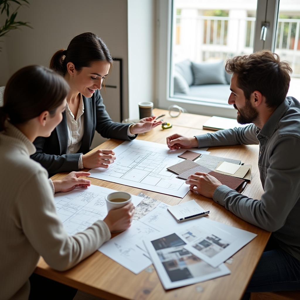 Interior design consultant reviewing floor plans and material samples with apartment owner during in-home consultation