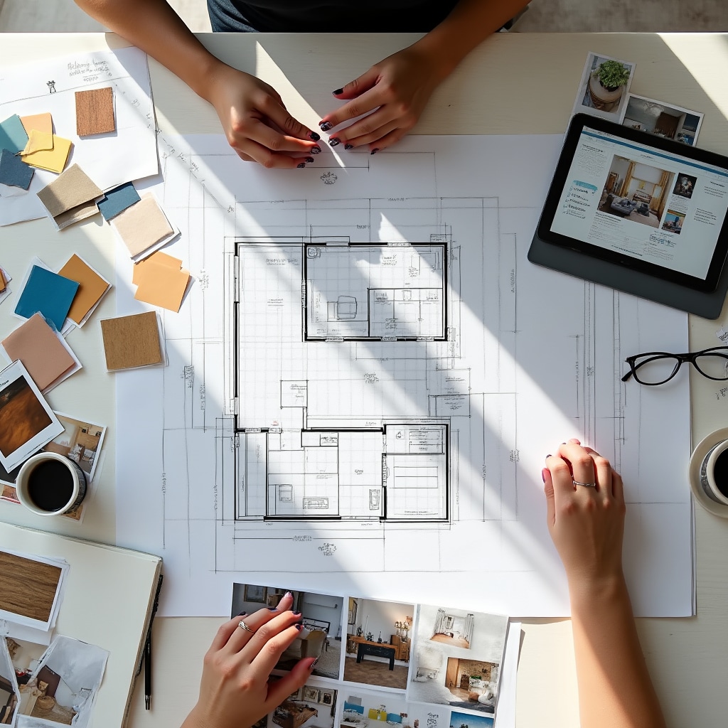 Interior designer's consultation materials spread on table including floor plans, color samples, fabric swatches, and measurement tools during client meeting