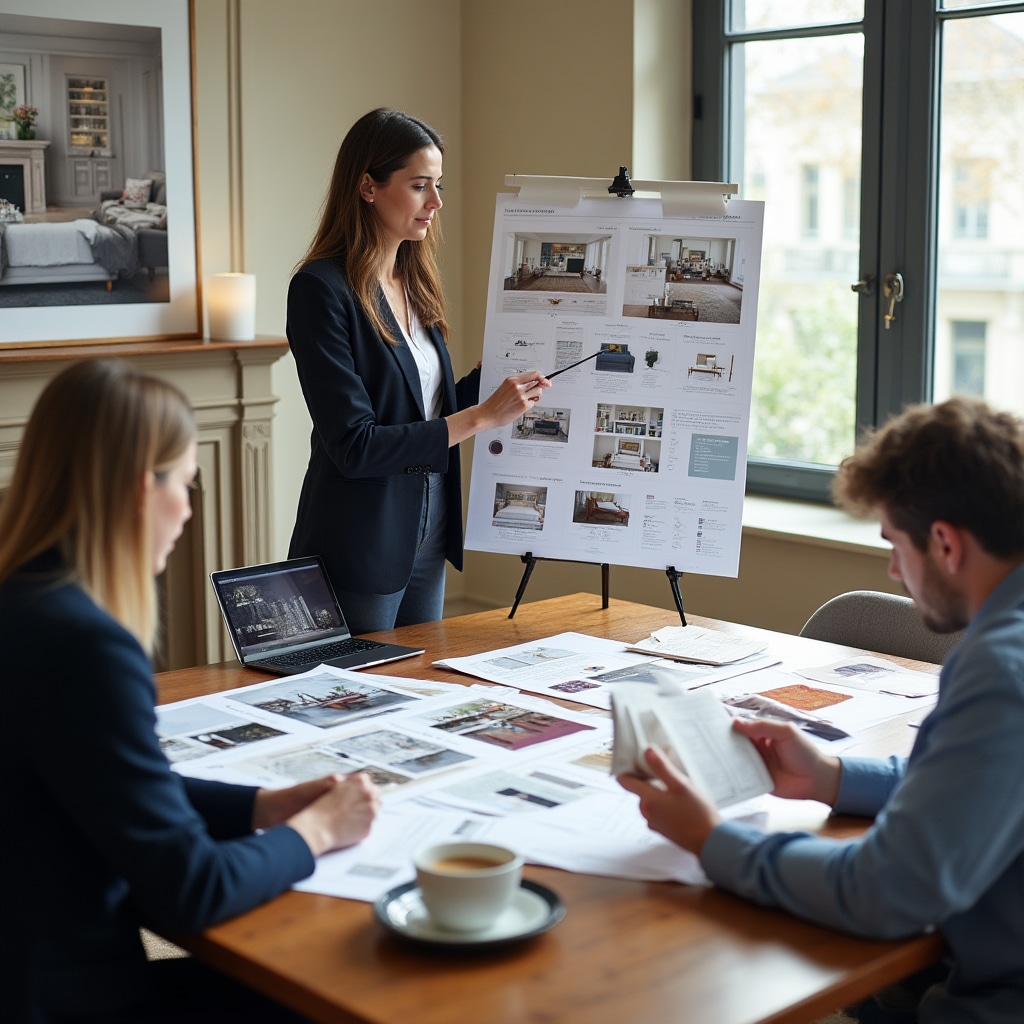 Designer presenting comprehensive design plan with mood boards, floor plan sketches, color palettes, and product recommendations spread across large table during client meeting