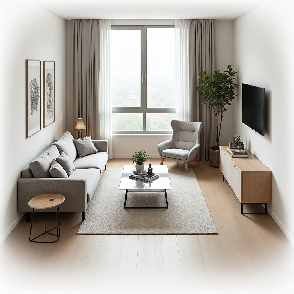 Optimized furniture layout in small apartment showing efficient placement that maximizes floor space and improves traffic flow