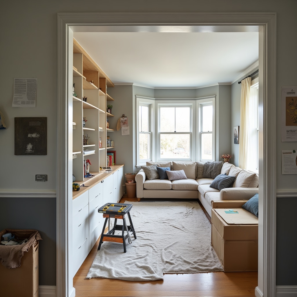 Partially completed apartment transformation showing new vertical storage installation in progress with tools, materials, and furniture being rearranged according to design plan