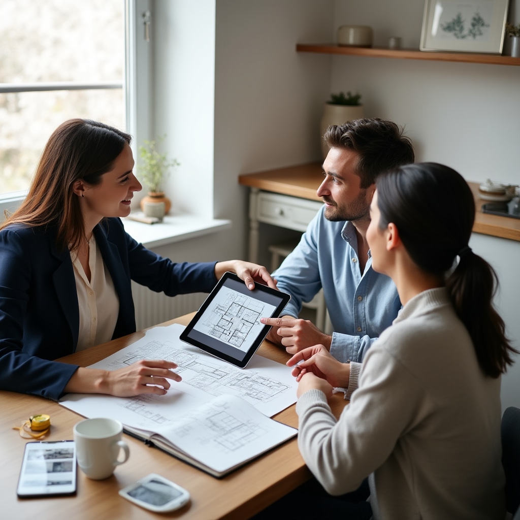 Interior design consultant meeting with apartment owner at kitchen table reviewing preliminary sketches and discussing project goals and budget parameters