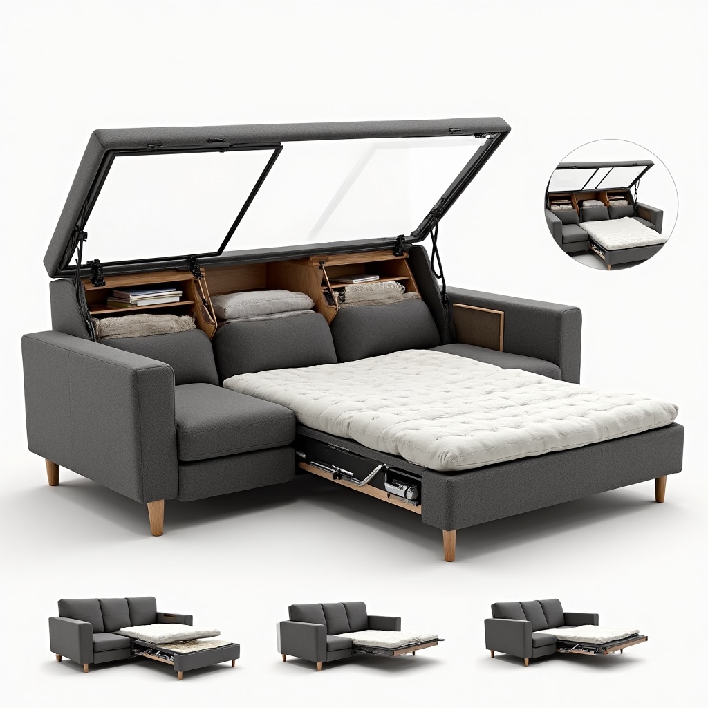 Clever multifunctional furniture piece serving as both sofa and storage unit with hidden compartments in compact apartment living area
