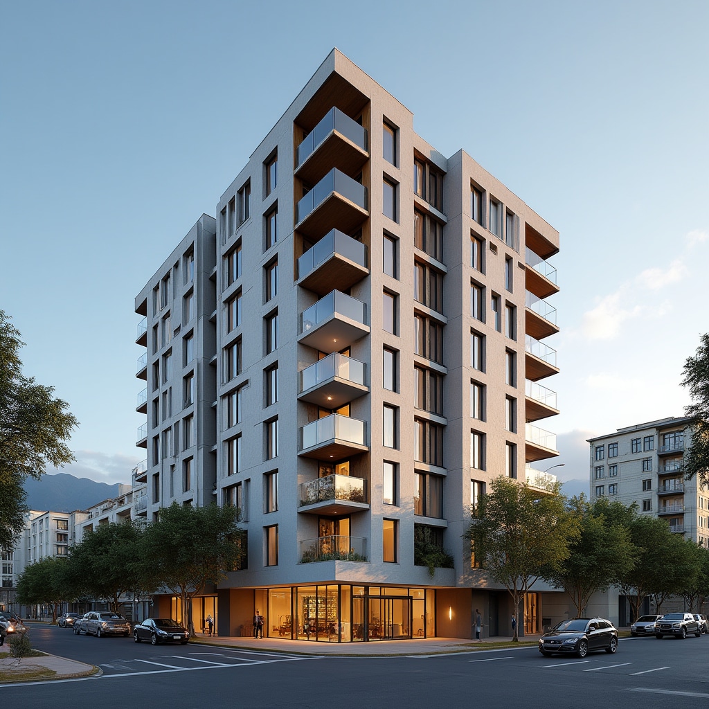 Modern residential building in Santiago showcasing typical compact apartment architecture with efficient floor plans and contemporary design