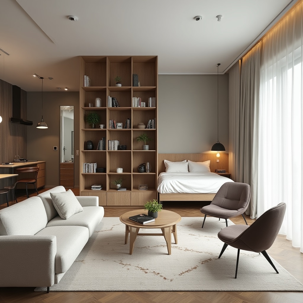 Effective space division in studio apartment using semi-transparent room divider creating distinct zones while maintaining open feel and natural light flow