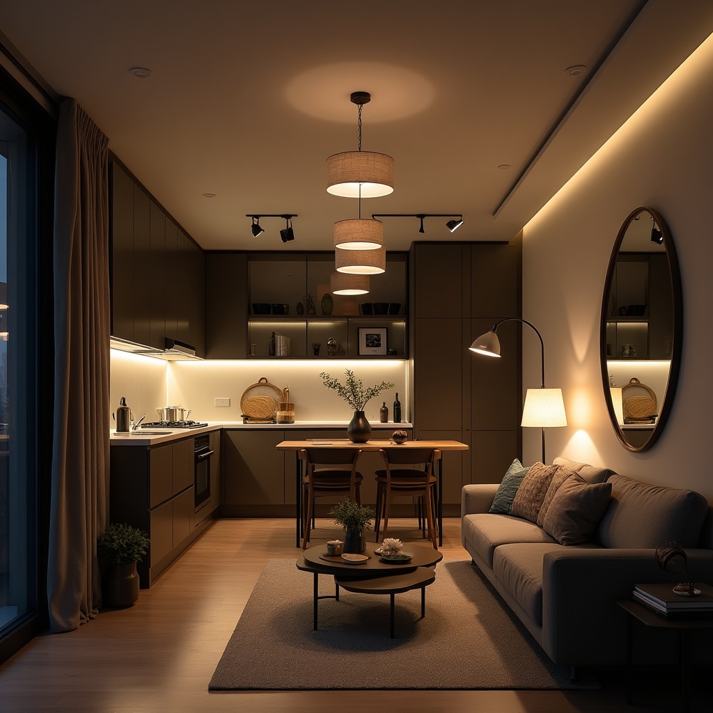 Layered lighting design in compact living space featuring ambient ceiling fixtures, task lighting, and accent lights creating depth and visual expansion