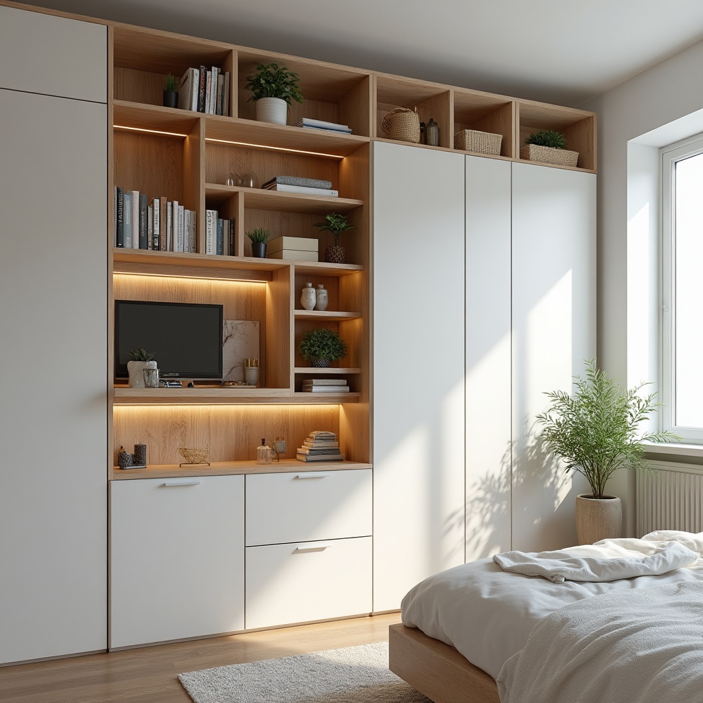 Cleverly designed vertical storage system in compact apartment utilizing wall space from floor to ceiling with modular shelving and hidden compartments